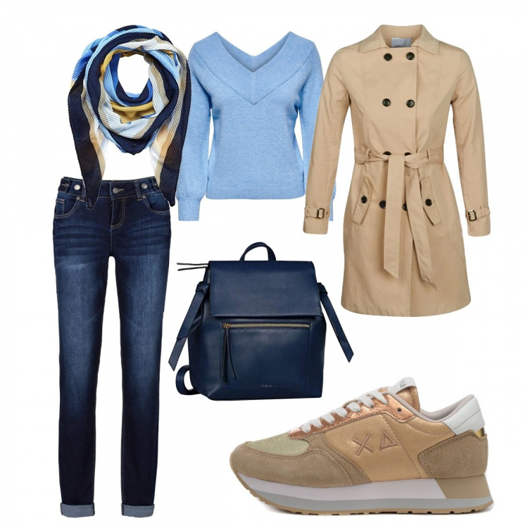 Outfit donna - Primi acquazzoni di fine estate. Stile Casual per Tutti i giorni. Abbinamento con jeans boyfriend, trench, sneakers, pullovers, zaini, sciarpe.