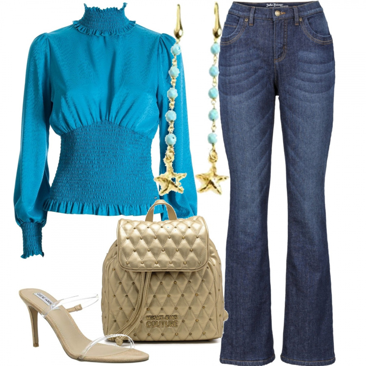Outfit donna - Happy. Stile Casual chic per Serata fuori. Abbinamento con jeans bootcut, bluse, zaini, sandali col tacco, orecchini.