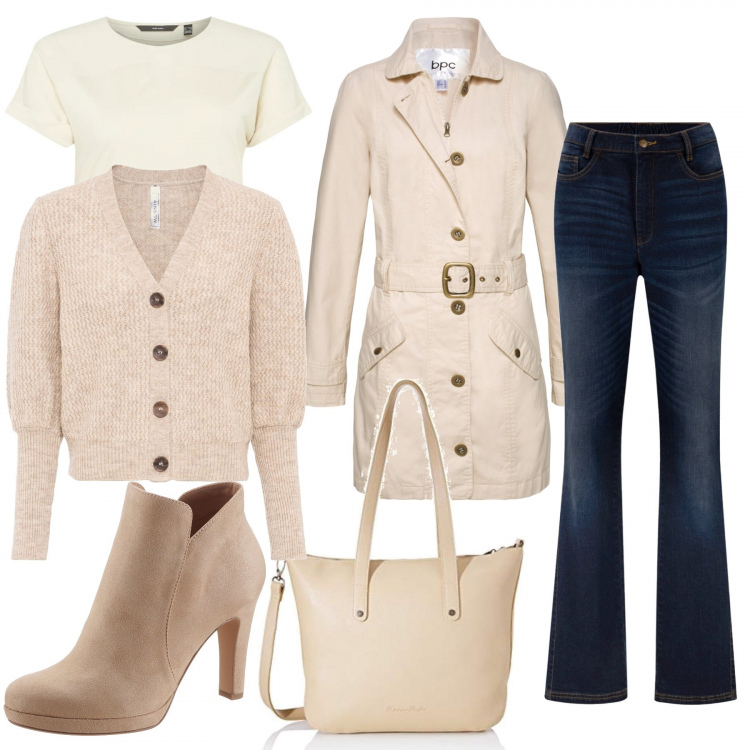 Outfit donna - Minimal autunno. Stile Basic per Tutti i giorni. Abbinamento con jeans bootcut, trench, costumi interi, stivaletti, t-shirt, borse a tracolla.