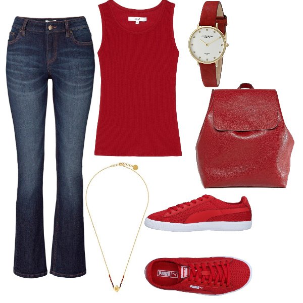 Outfit donna - Red & Sneakers. Stile Urban per Scuola/Università. Abbinamento con jeans bootcut, sneakers tennis, canottiera a coste aderente rosso, zaino con manico e bretelle con tasca interna bordeaux, orologio, collana in ottone.
