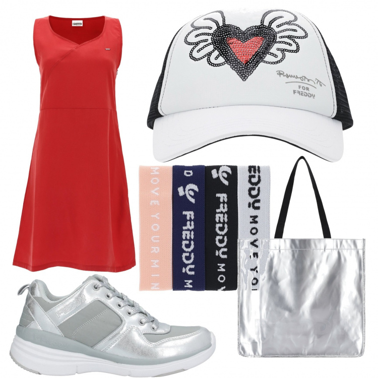 Outfit donna - Total Freddy. Stile Basic per Tutti i giorni. Abbinamento con sneakers, braccialetti, vestiti senza maniche, cappelli con visiera, shopping bag.