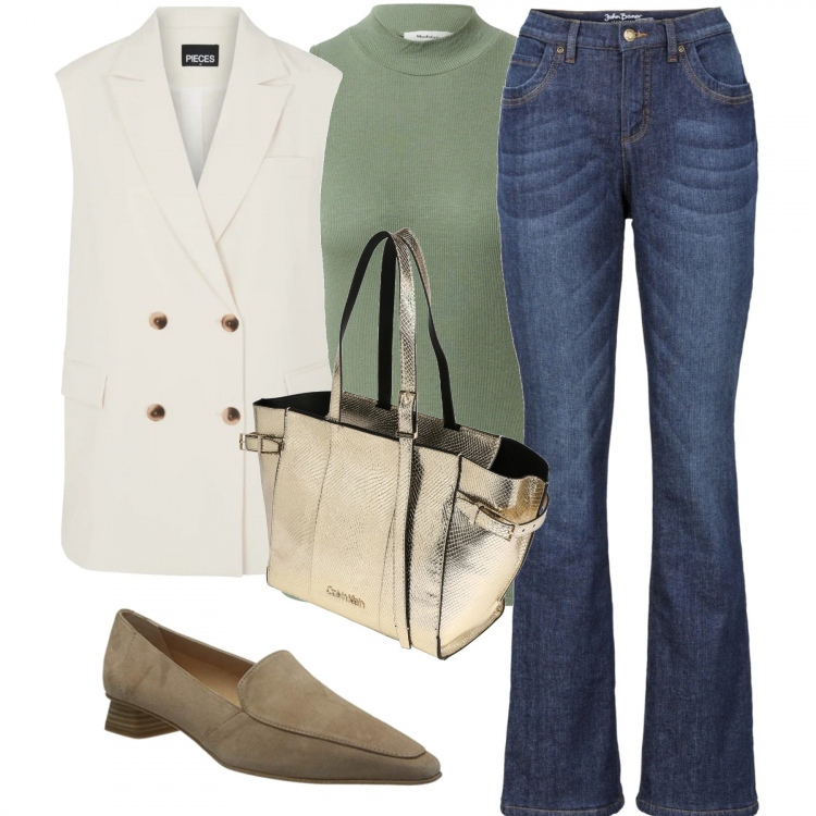 Outfit donna - Settembre casual. Stile Casual per Tutti i giorni. Abbinamento con jeans bootcut, top, gilet, shopping bag, ballerine.