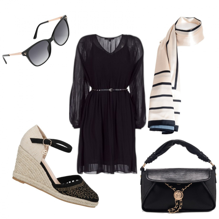 Outfit donna - Pronte a tutti. Stile Casual chic Abbinamento con foulard, vestiti corti, borse a mano, espadrillas, occhiali da sole.
