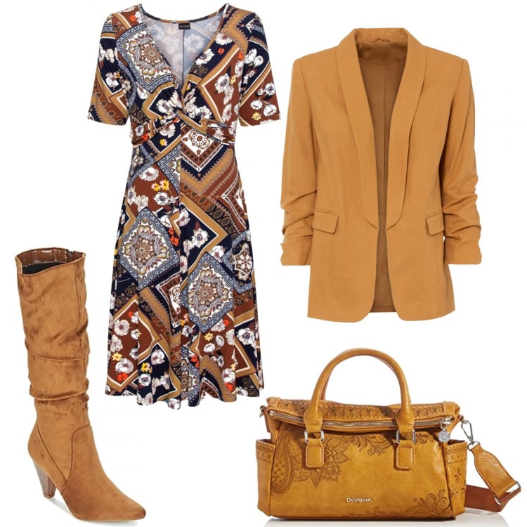 Outfit donna - D\'autunno in ufficio. Stile 70s per Ufficio. Abbinamento con giacche, vestiti corti, stivali, borse a tracolla.