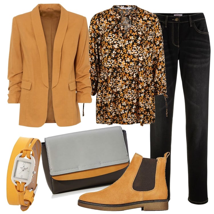 Outfit donna - Il look perfetto per settembre!. Stile Casual per Tutti i giorni. Abbinamento con giacche, jeans, camicie, stivaletti chelsea, borse a spalla, orologi analogici.