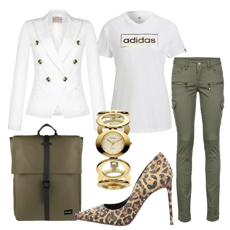 Outfit donna - Sporty chic. Stile Sporty chic per Tutti i giorni. Abbinamento con pantaloni cargo, décolleté, giacche, t-shirt, zaini, orologi.