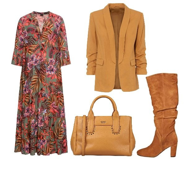 Outfit donna - Maxi dress e blazer. Stile Trendy per Tutti i giorni. Abbinamento con vestiti lunghi, blazer, borse a mano, stivali.