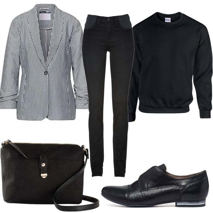 Outfit donna - Mannish con il maglione. Stile Mannish per Ufficio. Abbinamento con jeans skinny, borse a tracolla, felpe, scarpe stringate, blazer.