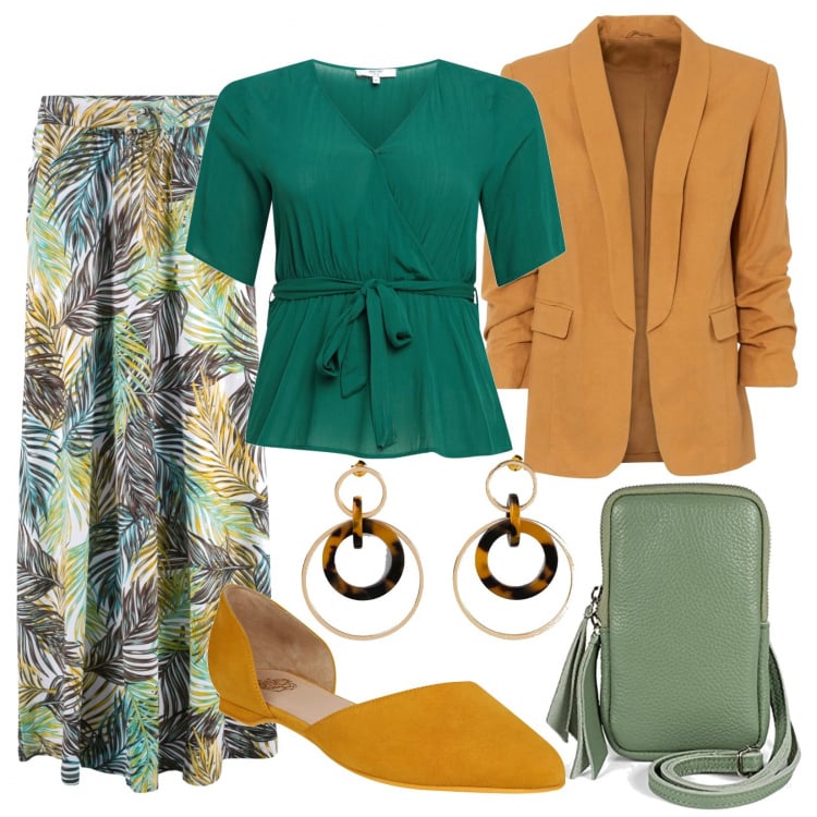 Outfit donna - Curvy, perfetta a settembre. Stile Trendy per Tutti i giorni. Abbinamento con giacche, gonne, orecchini, camicie, borse a tracolla, ballerine.