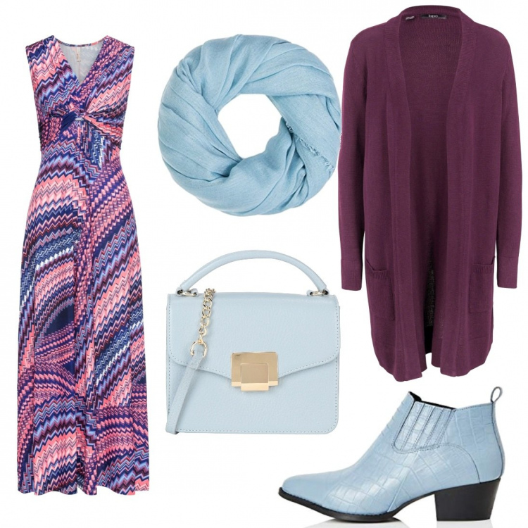 Outfit donna - Viola e celeste per uscire la sera. Stile Etnico per Serata fuori. Abbinamento con cardigans, vestiti lunghi, borse a mano, sciarpe, stivaletti texani.