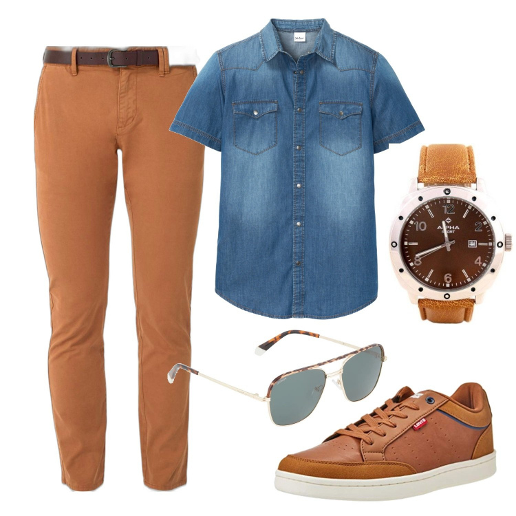 Outfit uomo - Total look. Stile Trendy per Tutti i giorni. Abbinamento con camicie a manica corta, sneakers, pantaloni, orologi, occhiali da sole.