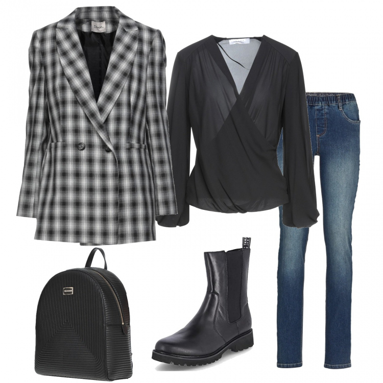 Outfit donna - In ufficio un po\' rock. Stile Rock per Ufficio. Abbinamento con bluse, blazer, zaini, jeggings, stivaletti chelsea.