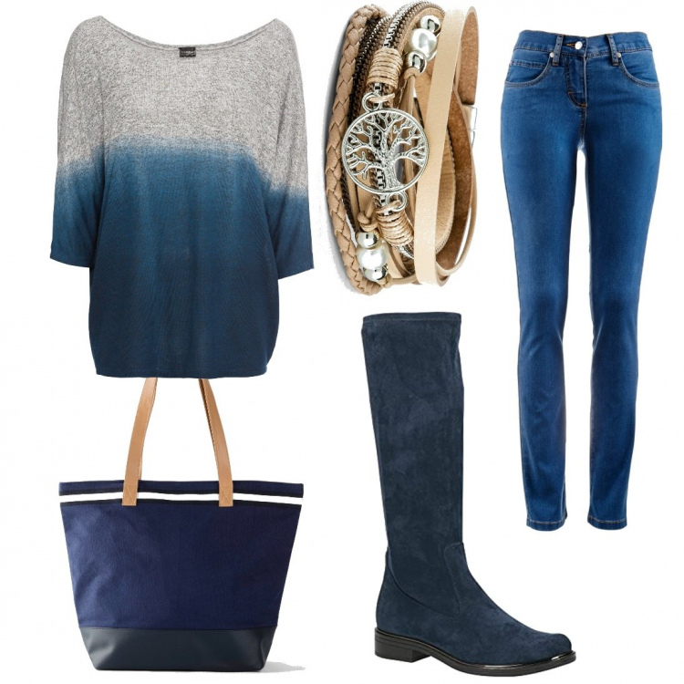 Outfit donna - Maximaglia sfumata. Stile Casual per Tutti i giorni. Abbinamento con braccialetti, jeans dritti, maglieria, jeans boyfriend, stivali.