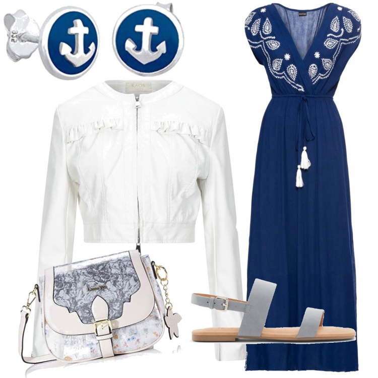 Outfit donna - Crociera sul mediterraneo. Stile Casual chic per Mare. Abbinamento con vestiti lunghi, giacche, sandali in pelle, borse a tracolla, orecchini.