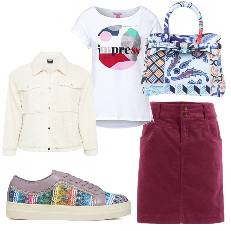 Outfit donna - Curvy in minigonna e sneakers. Stile Sporty chic per Tutti i giorni. Abbinamento con gonne lunghe, borse a mano, sneakers, t-shirt, giacche.