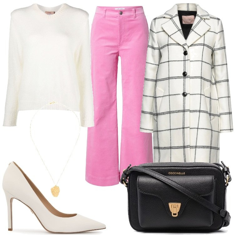 Outfit donna - A touch of pink. Stile Chic per Ufficio. Abbinamento con cappotti, collane, décolleté, maglieria, borse a tracolla, pantaloni.