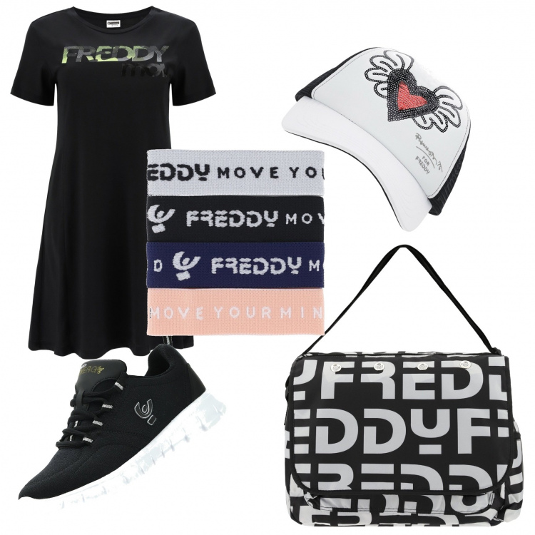Outfit donna - Outfit Freddy. Stile Urban per Tutti i giorni. Abbinamento con braccialetti, vestiti, borse messenger, sneakers, cappelli con visiera.