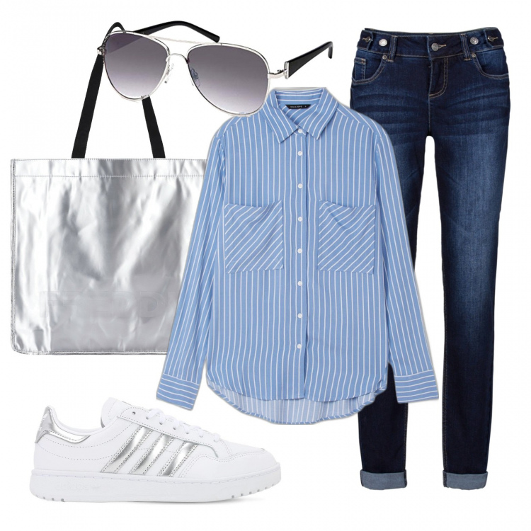 Outfit donna - Like a boy. Stile Mannish per Scuola/Università. Abbinamento con jeans boyfriend, camicie, shopping bag, sneakers, occhiali da sole.