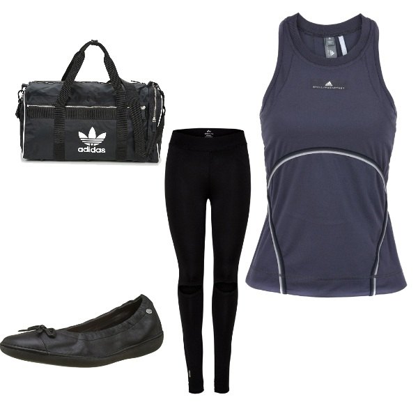 Outfit donna - Facciamo un po\' di yoga. Stile Basic per Sport. Abbinamento con top collo tondo senza maniche in materiale riciclato jersey, borsa nero, leggings sport elasticizzato nero, ballerine nero.
