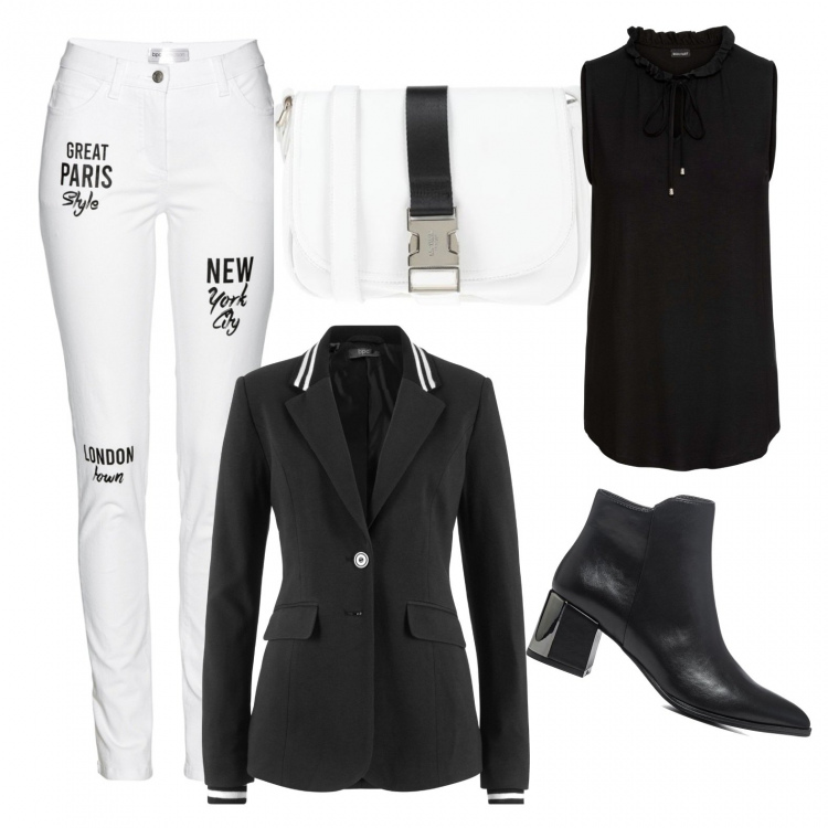 Outfit donna - Bianco e nero. Stile Mannish per Tutti i giorni. Abbinamento con blazer, top, pantaloni, borse a tracolla, stivaletti.