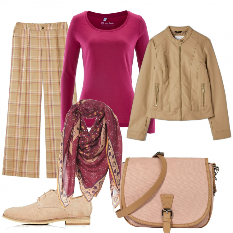 Outfit donna - Trendy in autunno. Stile Trendy per Tutti i giorni. Abbinamento con maglieria, sciarpe, cappotti, pantaloni a palazzo, scarpe stringate, borse a tracolla.