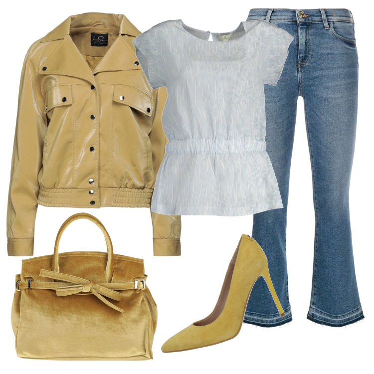 Outfit donna - Ritorno in ufficio. Stile Boho per Ufficio. Abbinamento con décolleté, borse a mano, giacche, jeans, top.