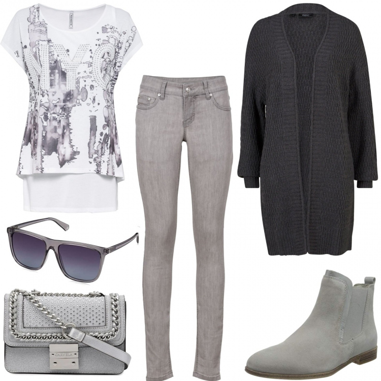 Outfit donna - T shirt e cardigan. Stile Trendy per Ufficio. Abbinamento con jeans skinny, maglieria, cardigans, borse a spalla, stivaletti chelsea, occhiali da sole.