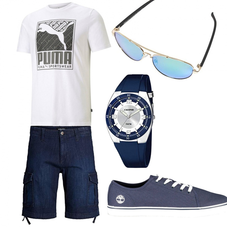 Outfit uomo - Sunglasses outfit. Stile Casual per Tutti i giorni. Abbinamento con t-shirt, orologi analogici, occhiali da sole, sneakers, shorts.
