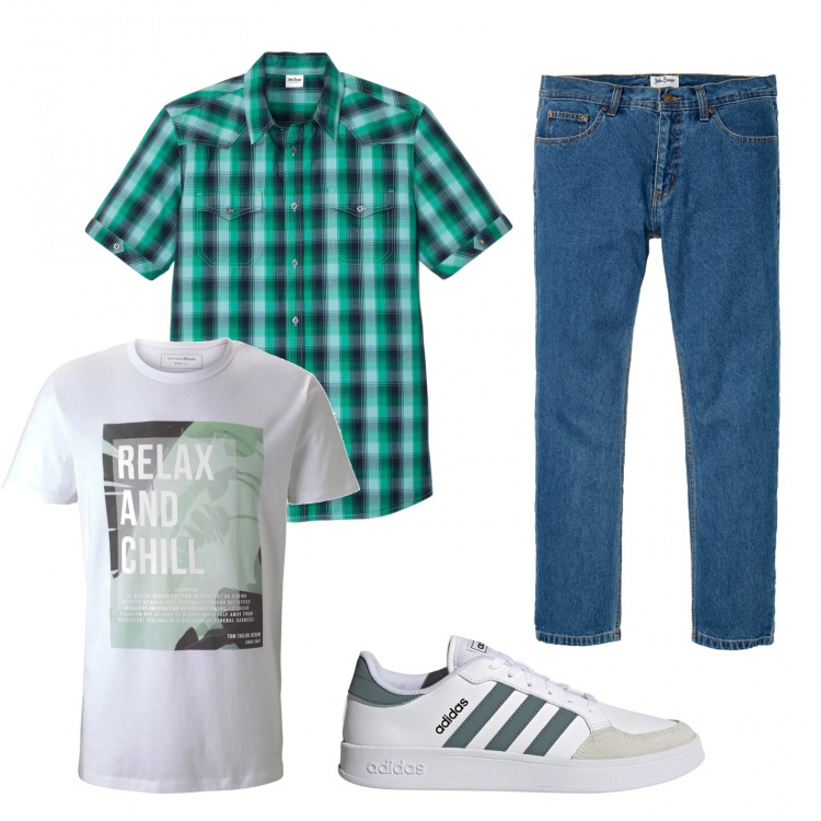 Outfit uomo - Total look #1141802. Stile Urban per Tutti i giorni. Abbinamento con jeans dritti, camicie a manica corta, sneakers, t-shirt.