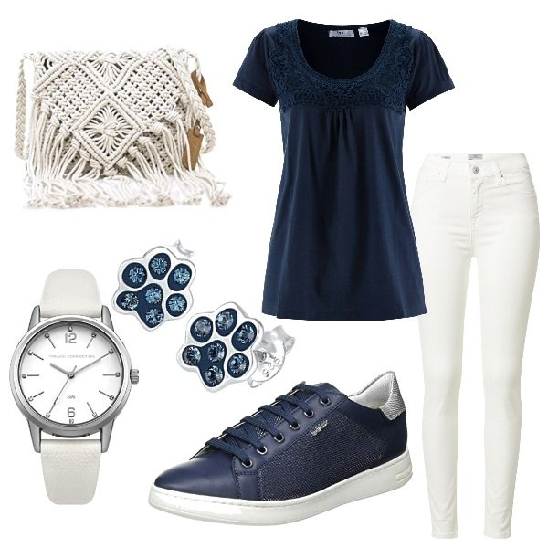 Outfit donna - Borsa e maglia in tessuto crochet. Stile Basic per Tutti i giorni. Abbinamento con maglieria, sneakers, jeans, orecchini, borse a tracolla, orologi analogici.