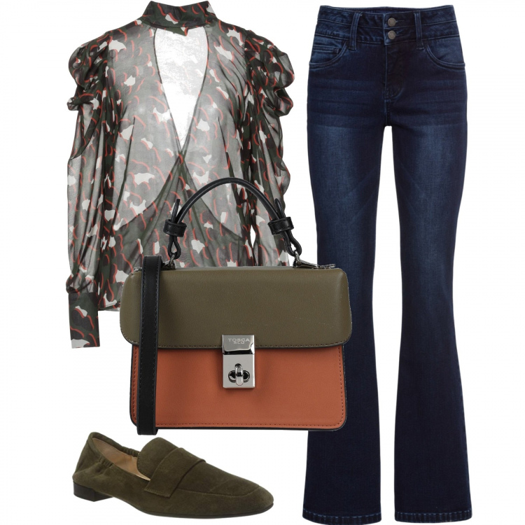 Outfit donna - Jeans a zampa. Stile Casual chic per Tutti i giorni. Abbinamento con jeans bootcut, bluse, borse a mano, mocassini.