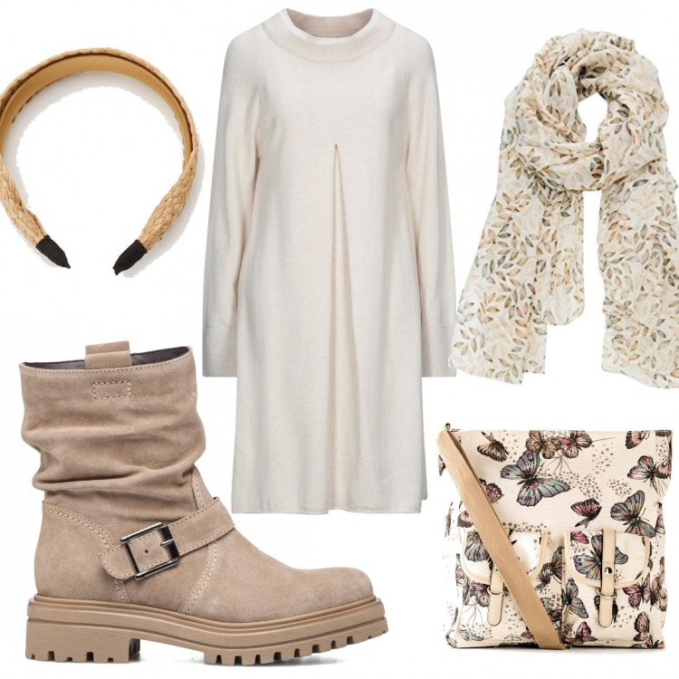 Outfit donna - Il vestito con gli anfibi. Stile Casual per Tutti i giorni. Abbinamento con vestiti corti, borse a tracolla, cerchietti, stivaletti, sciarpe.