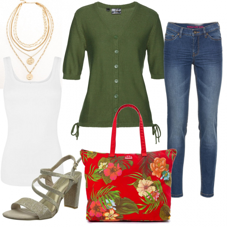 Outfit donna - Il cardigan con laccetti. Stile Casual chic per Tutti i giorni. Abbinamento con jeans skinny, cardigans, collane, shopping bag, sandali col tacco, canottiere.