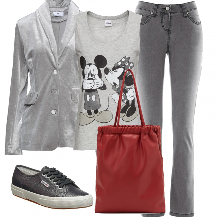 Outfit donna - Apericena con gli amici. Stile Urban per Serata fuori. Abbinamento con jeans slim fit, top, blazer, shopping bag, sneakers.