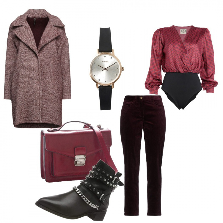 Outfit donna - Urban #13887. Stile Urban per Tutti i giorni. Abbinamento con borse a mano, cappotti, bluse, pantaloni, orologi analogici, stivali.