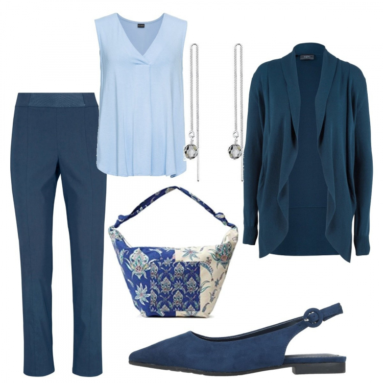 Outfit donna - Donna Curvy - Outfit di Settembre. Stile Casual per Tutti i giorni. Abbinamento con cardigans, top, pantaloni capri, ballerine, borse a tracolla, orecchini.