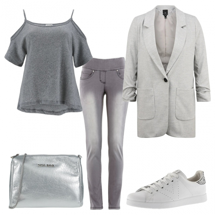 Outfit donna - Curvy, sexy e comoda. Stile Sporty chic per Tutti i giorni. Abbinamento con jeans slim fit, borse a tracolla, t-shirt, sneakers, blazer.