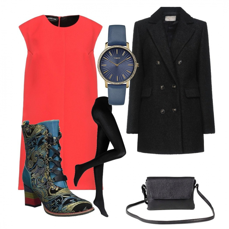 Outfit donna - Urban #13940. Stile Urban per Tutti i giorni. look ideale per Tall. Abbinamento con collant, cappotti, vestiti corti, stivali, borse a tracolla, orologi analogici.