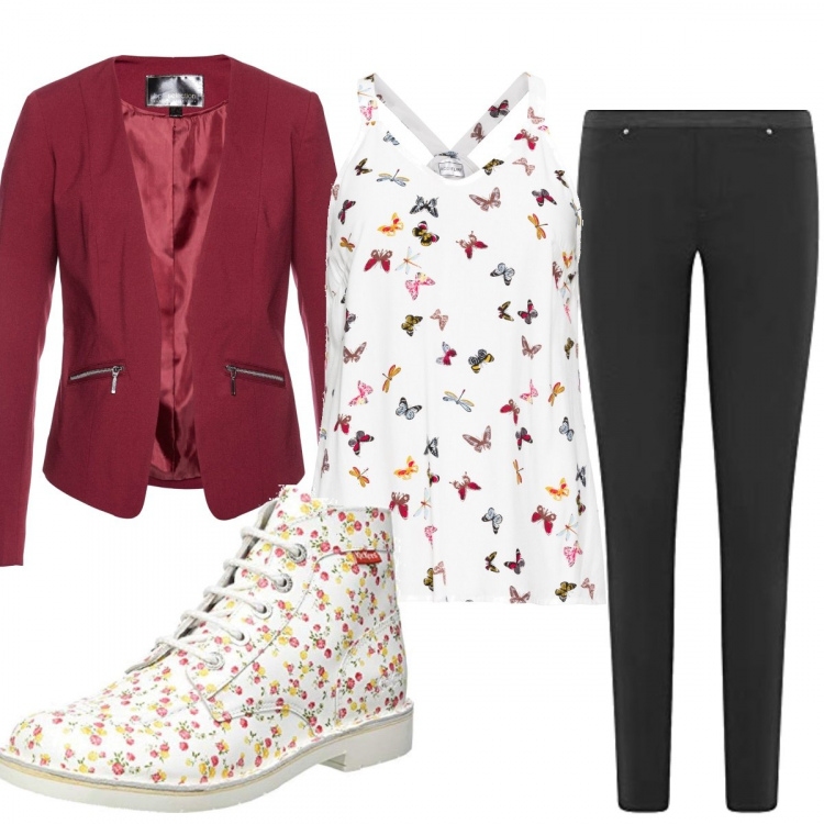 Outfit donna - Fiori e farfalle con le Kickers. Stile Romantica per Tutti i giorni. Abbinamento con blazer, top, pantaloni skinny, stivaletti.