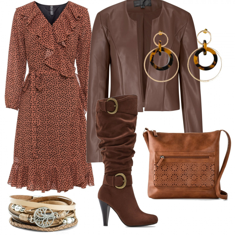 Outfit donna - Autunno alle porte. Stile Casual chic per Tutti i giorni. Abbinamento con borse a tracolla, braccialetti, vestiti midi/longuette, bolero, stivali, orecchini.