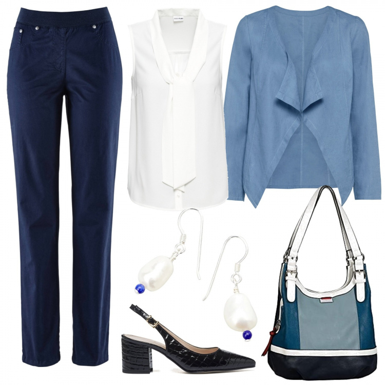 Outfit donna - Perfetta a settembre - Curvy & Plus Size. Stile Casual chic per Tutti i giorni. Abbinamento con pantaloni sportivi, blazer, camicie, décolleté, shopping bag, orecchini.