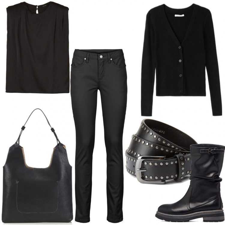 Outfit donna - È tempo di nero. Stile Rock per Scuola/Università. Abbinamento con jeans, cardigans, top, cinture, stivali, borse a mano.