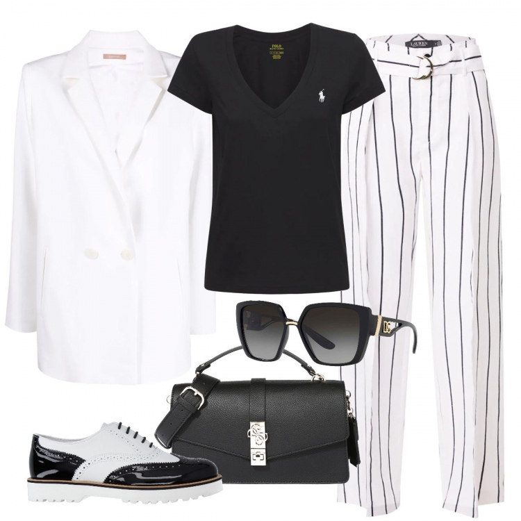 Outfit donna - Mannish in bianco e nero. Stile Mannish per Ufficio. Abbinamento con scarpe stringate, occhiali da sole, blazer, t-shirt, borse a mano, pantaloni.