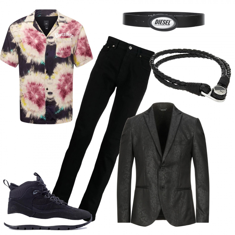Outfit uomo - Almost total black. Stile Casual per Tutti i giorni. Abbinamento con sneakers, jeans, giacche, cinture, braccialetti, camicie.