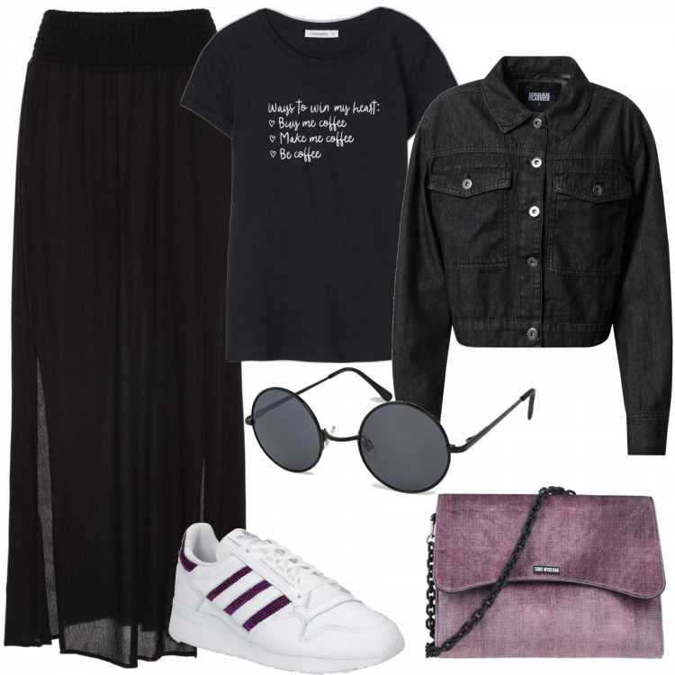 Outfit donna - Trendissimo e comodissimo. Stile Trendy per Tutti i giorni. Abbinamento con gonne lunghe, borse a tracolla, t-shirt, sneakers, giacche, occhiali da sole.