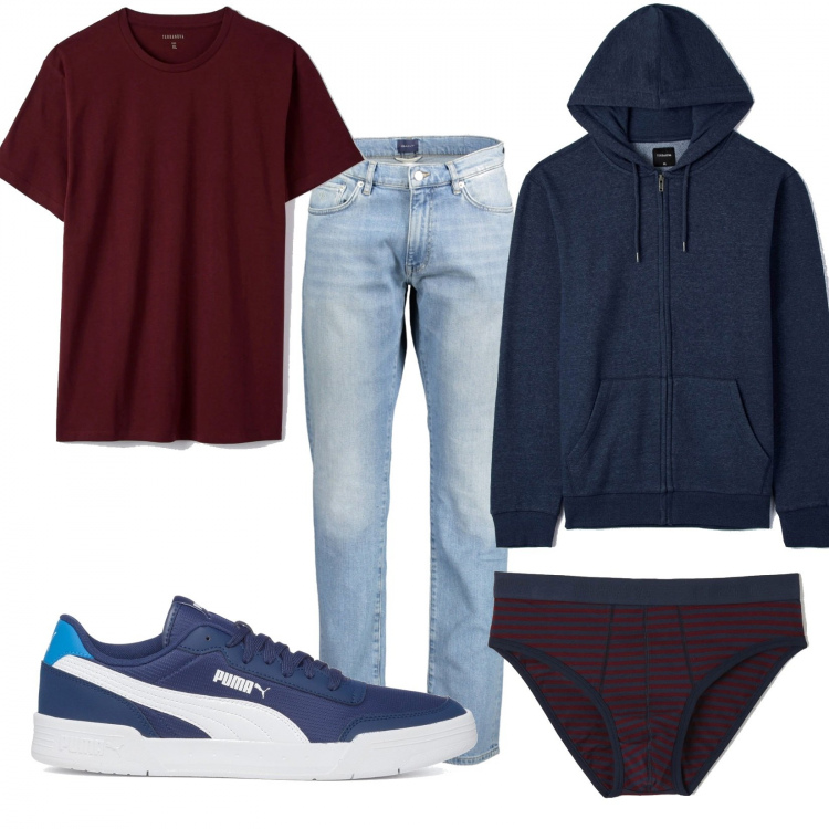 Outfit uomo - Autunno rosso blu. Stile Urban per Tutti i giorni. Abbinamento con sneakers, felpe con cappuccio, slip, t-shirt, jeans.