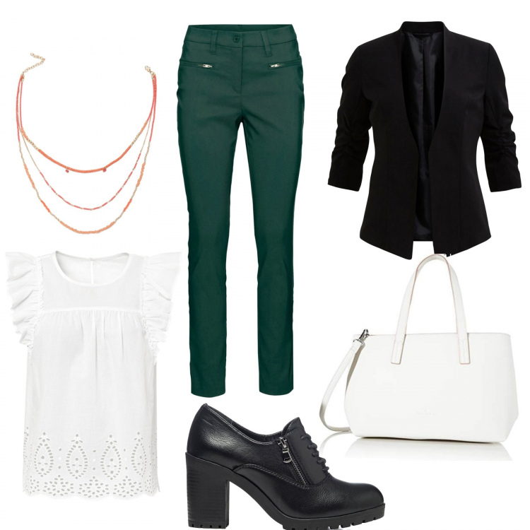 Outfit donna - Basic. Stile Basic per Ufficio. Abbinamento con pantaloni, bluse, collane, scarpe stringate, blazer, borse tote.