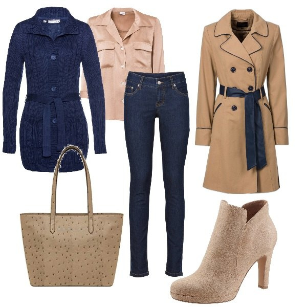 Outfit donna - Welcome september. Stile Basic per Ufficio. Abbinamento con trench, jeans skinny, bluse, cardigans, stivaletti, borse a mano.