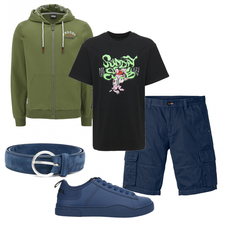 Outfit uomo - Serate settembrine. Stile Trendy per Tutti i giorni. Abbinamento con bermuda, sneakers, cinture, felpe con cappuccio, t-shirt.