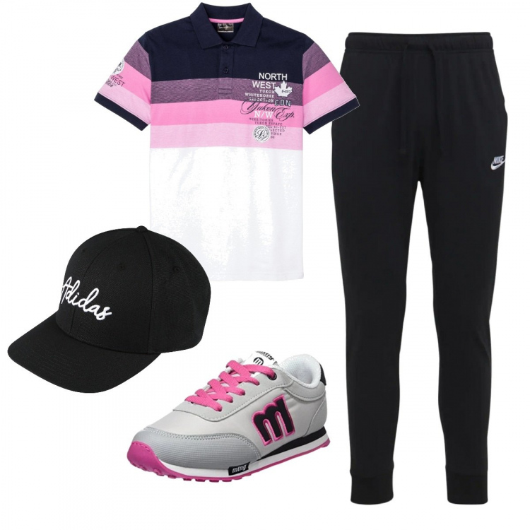 Outfit uomo - Casual #22401. Stile Casual per Sport. Abbinamento con polo, scarpe sportive, pantaloni, cappelli con visiera.
